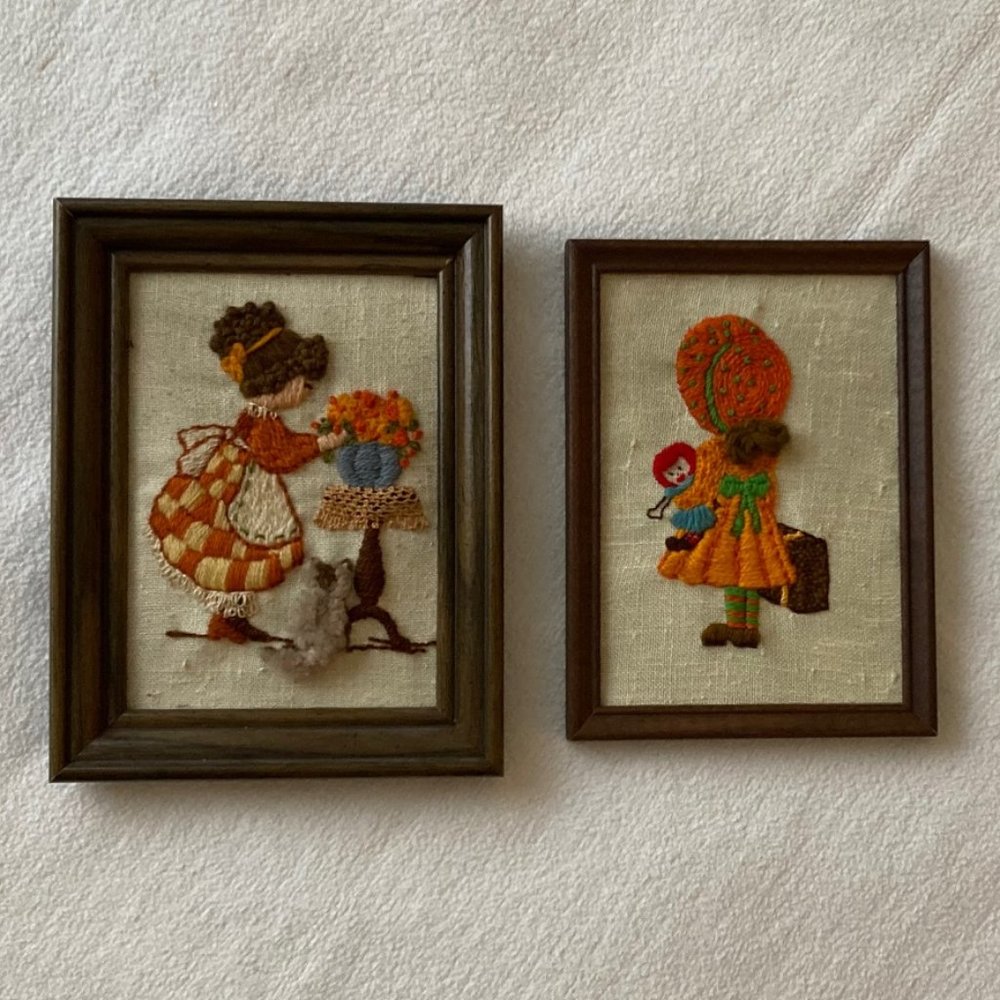 Wall art framed cottagecore vintage needlepoint yarn crewel